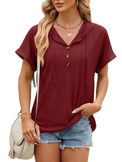 Cheky - New Solid Color Hooded Button T-shirt Loose Hollow Design Short-sleeved Top For Womens Clothing