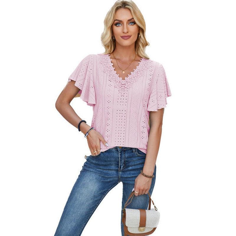 Cheky - Women's Spring And Summer Lace Ruffle Sleeve Solid Color Loose Short Sleeve