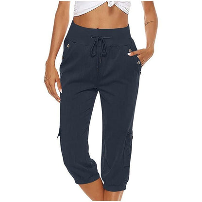 Cheky - Women's Cropped Pants Cotton Linen Cargo Pocket Casual Pants