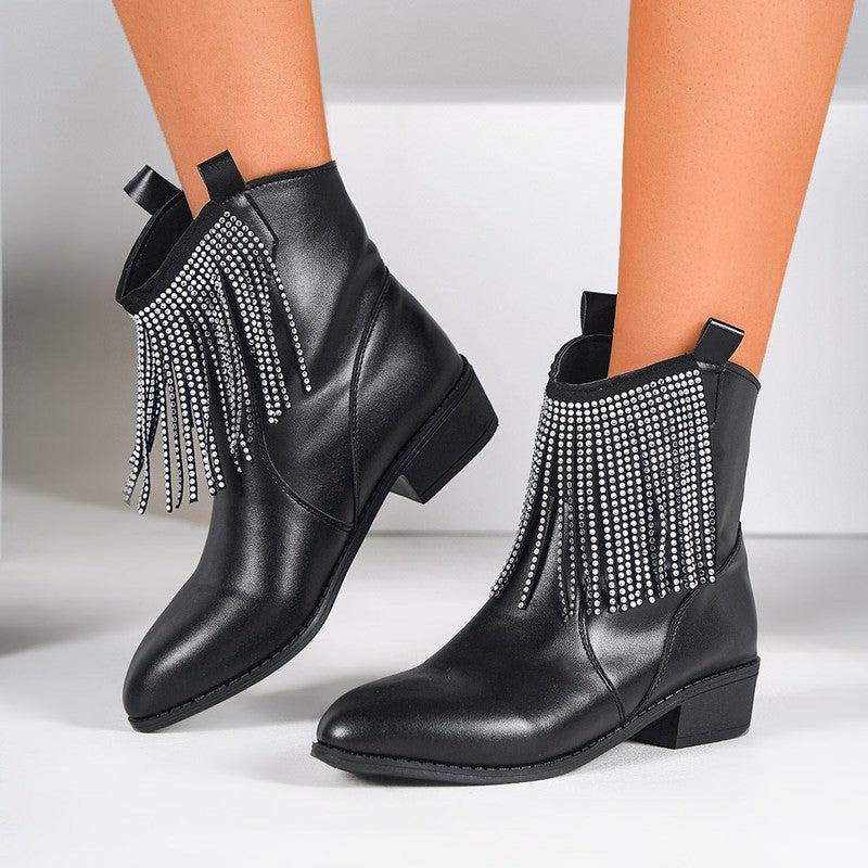 Cheky - Tassel Rhinestone Short Boots Women's Mid Heel Thick Heel