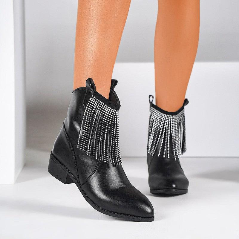 Cheky - Tassel Rhinestone Short Boots Women's Mid Heel Thick Heel