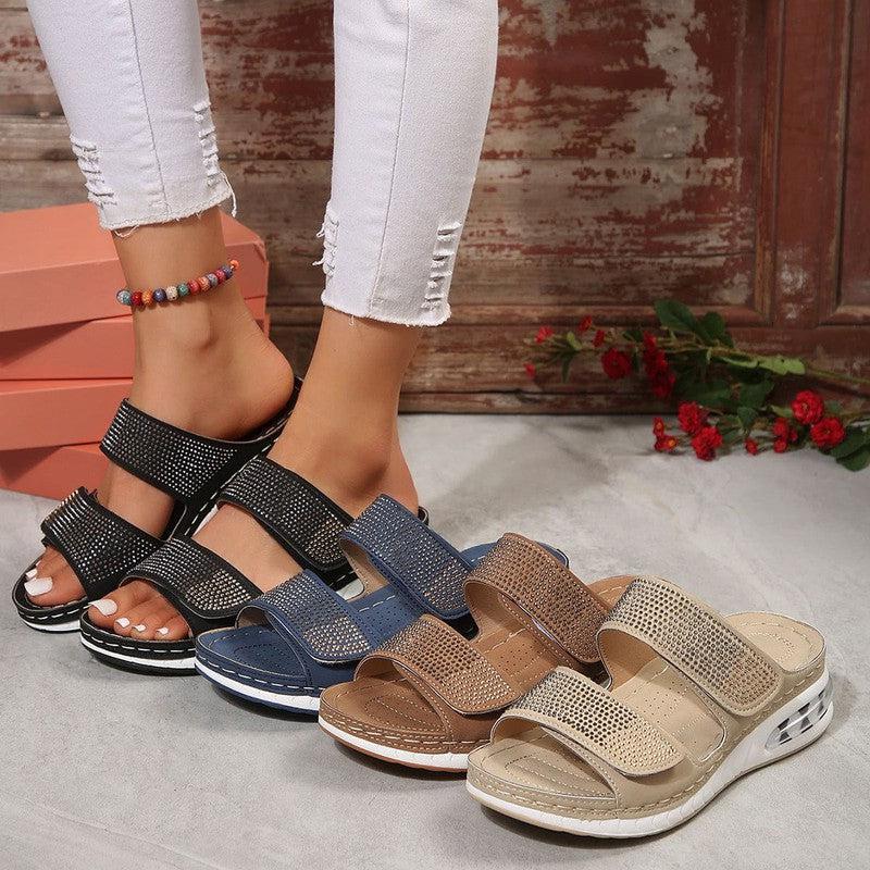 Cheky - New Air Cushion Wedges Sandals Summer Casual Rhinestone Slides Roman Sandals For Women Non-slip Beach Shoes