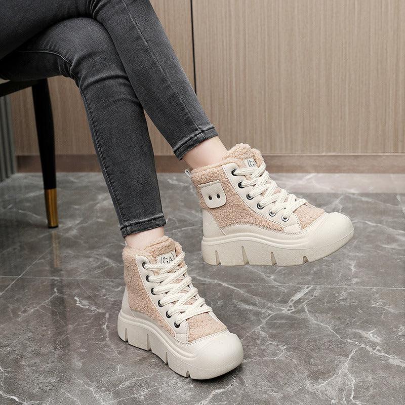 Cheky - Lace-up High-top Flat Shoes For Women Winter Warm Cashmere Snow Boots Fashion Street Campus Students Height Increasing Shoes