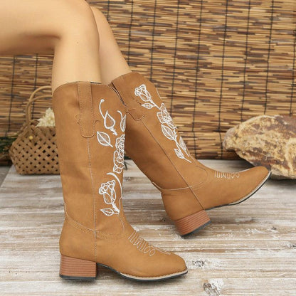 Cheky - Flower Embroider Mid Calf Cowboy Boots Women Autumn Winter Chunky Heels Western Boots Square Toe Denim Long Boots Fashion Shoes