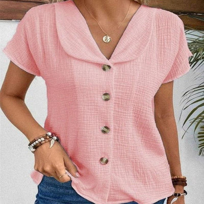 Cheky - Summer Solid Color Fashion Short-sleeved Cardigan Button Women's Top