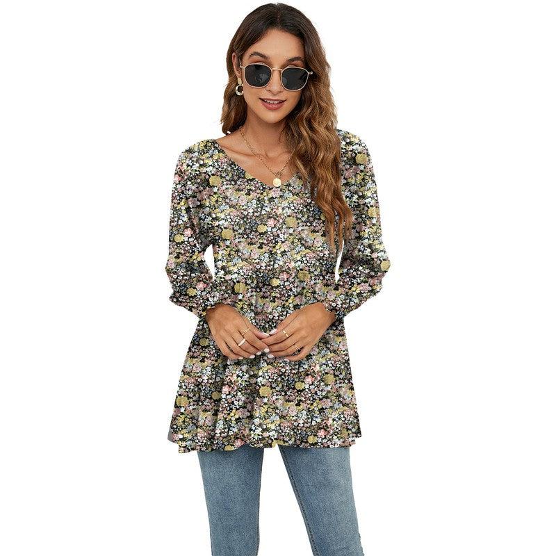 Cheky - Long Puff Sleeve Tops Women Flowers Print Casual V-Neck Blouse T-Shirts Babydoll Tops