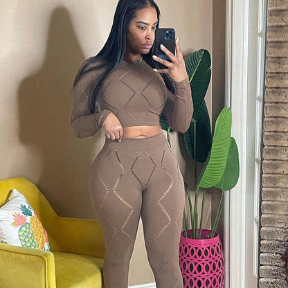 Cheky - Women's Hollow-out Ripped High Waist Tight Pants Casual Sports Suit