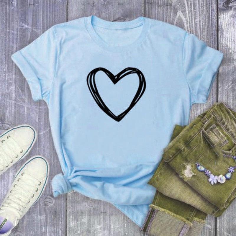 Cheky - Heart Print T Shirt Women Short Sleeve O Neck Loose Tshirt Summer Women Causal Tee Shirt Tops Clothes Camisetas Mujer