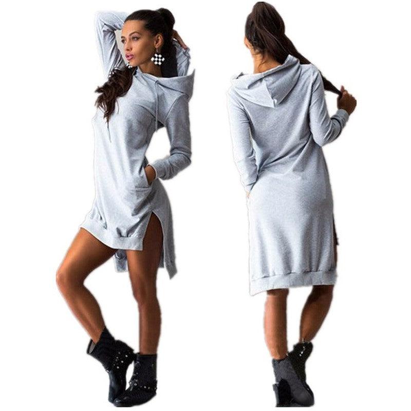 Cheky - Irregular Hooded Long Sleeve Dress Sweatshirt