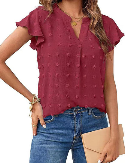 Cheky - Women Summer V Neck Ruffle Short Sleeve Blouse Dot Flowy Shirt Top