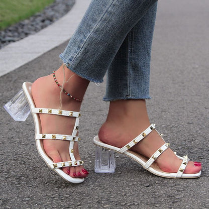 Cheky - New Square Toe Transparent Sandals With Rivet Design Summer Fashion Crystal High-heeled Rivet Shoes For Women