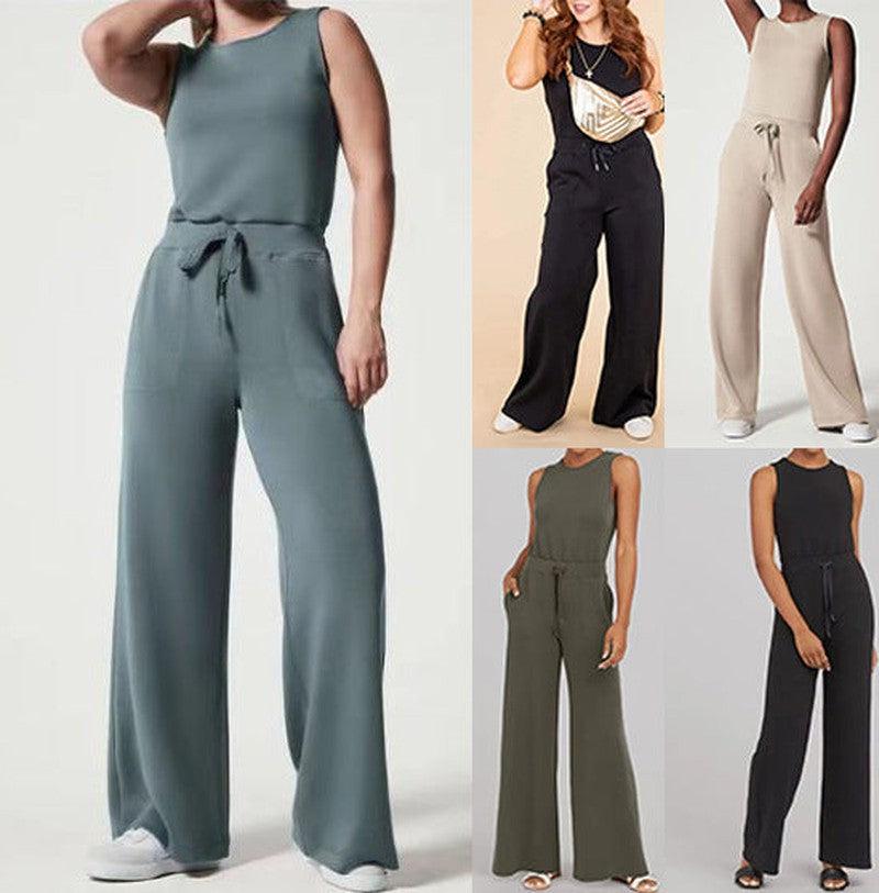 Cheky - Solid Color Jumpsuit Sleeveless Tops Tie Elastic Pants Romper