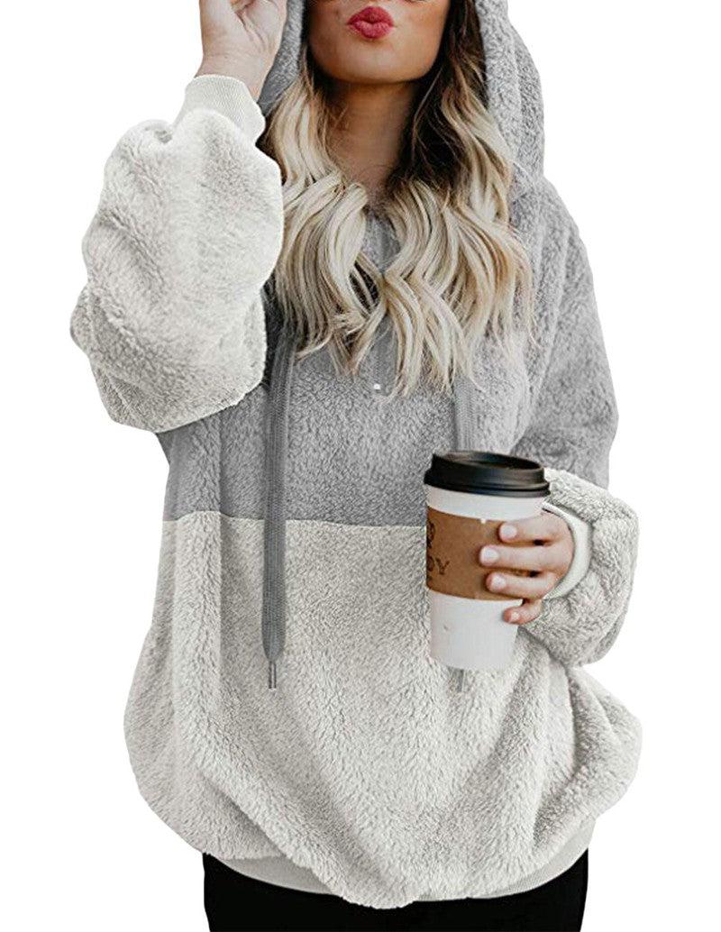 Cheky - Women Casual Plush Hoodies Zipper Patchwork Hooded Drawstring Sweatshirt Autumn Winter Lady Hooded Warm Loose Tops