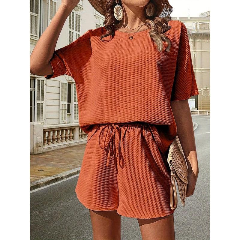 Cheky - New Waffle Suit Women's Bat Sleeve Short-sleeved Crew-neck Top And Drawstring Design Shorts Fashion Two-piece Set Summer Clothing