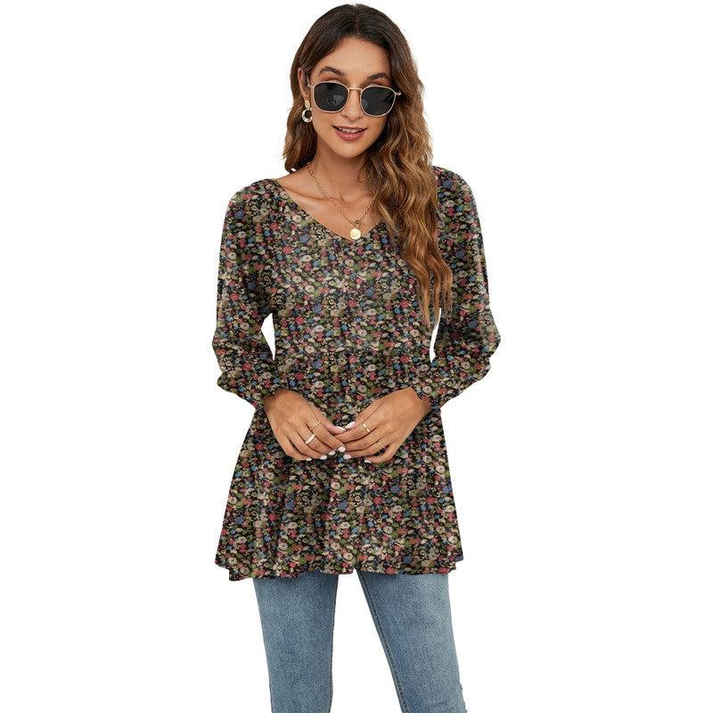 Cheky - Long Puff Sleeve Tops Women Flowers Print Casual V-Neck Blouse T-Shirts Babydoll Tops