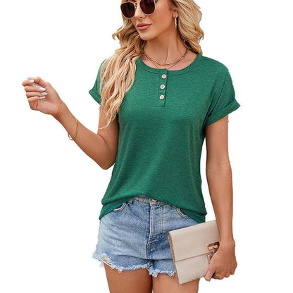 Cheky - Solid Color Round Neck Button Short Sleeve T-Shirt New Summer Loose Top For Womens Clothing