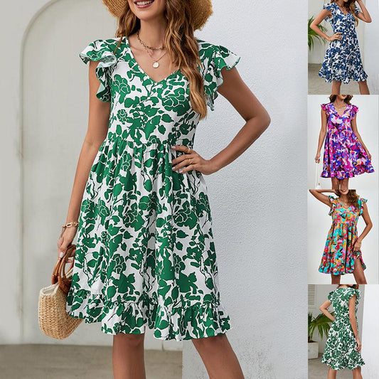 Cheky - Leaf Print Dress Summer V-neck Ruffled Sleeveless A-Line Dresses Fashion Casual Holiday Beach Dress For Womens Clothing