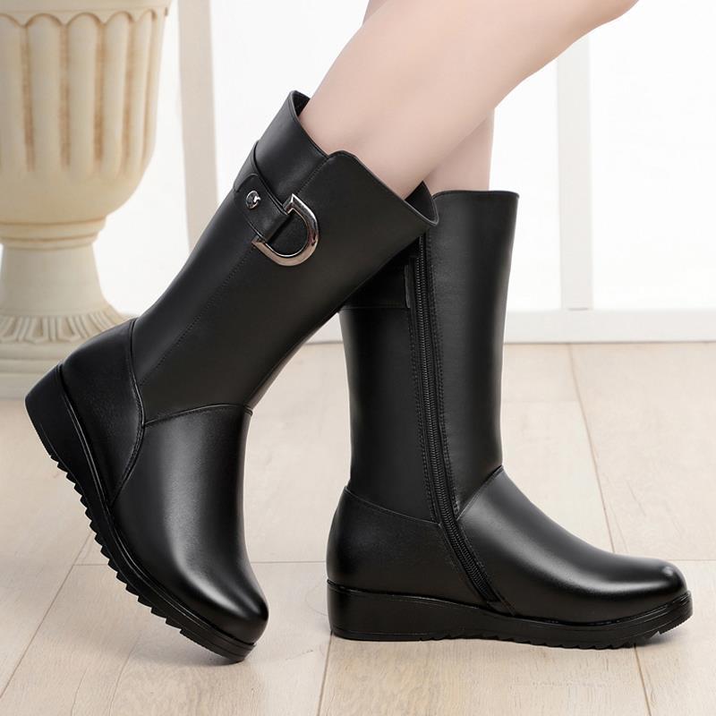 Cheky - Winter Flat Non-slip Leather Shoes Fleece-lined Thermal Middle Tube Cotton Boots