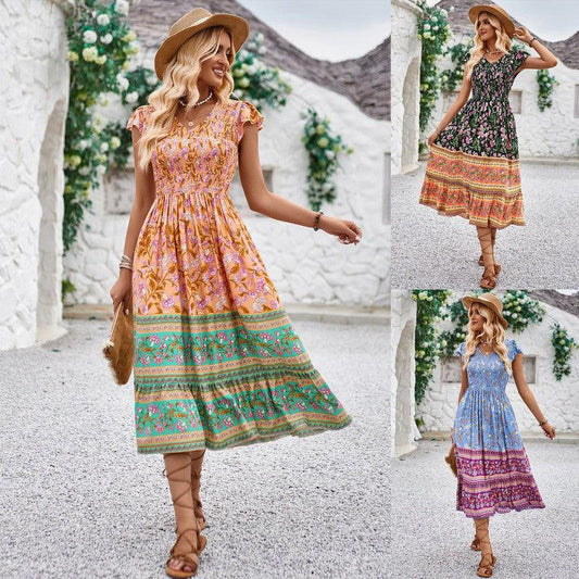 Cheky - New Flowers Print V-neck Dress Summer Casual Ruffle Sleeveless Dresses Bohemian Holiday Beach Dress For Womens Clothing