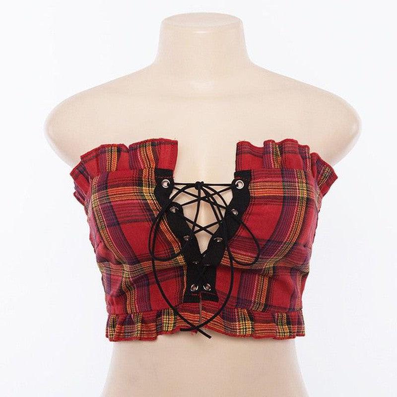 Cheky - Plaid Ruffle Lace Up Tank Top Sexy Bohemian Fitness Yellow Crop Top Off Shoulder Backless Vintage Short Tops