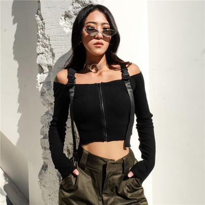 Cheky - OFF SHOULDER BUCKLE STRAP CROP TOP SHIRT