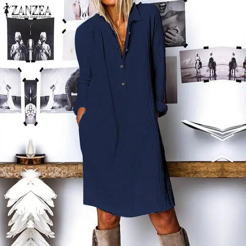 Cheky - ZANZEA Autumn Lapel Neck Long Shirt Dress