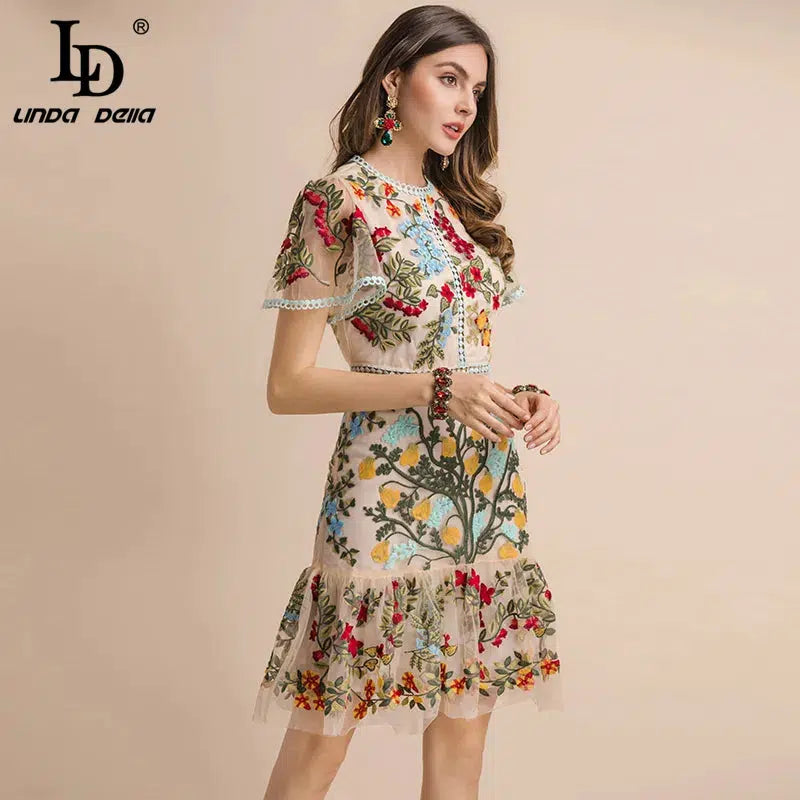 Cheky - LD LINDA DELLA New 2023 Fashion Runway Summer Dress Women's Flare Sleeve Floral Embroidery Elegant Mesh Hollow Out Midi Dresses