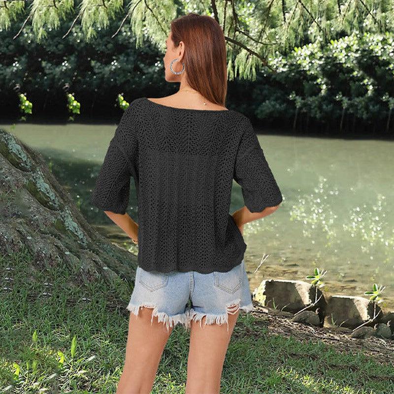 Cheky - Hollow Fashion Short Sleeve Casual Women's Knitwear