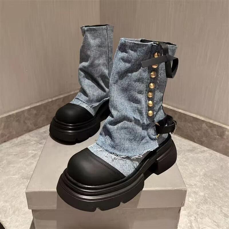 Cheky - Women's Shoes Denim Metal Buckle Ankle Boots Round Head Thick Bottom Casual