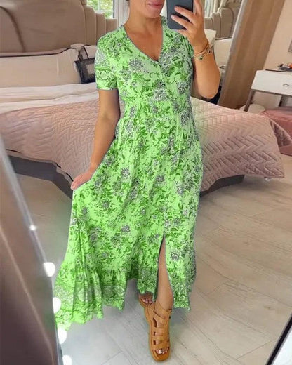 Cheky - Women's Fashionable Temperament V-neck Printed Seaside Style Dress