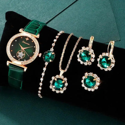 Cheky - 6PCS Set Green Luxury Quartz Watch Women Ring Necklace Earring Rhinestone Fashion Wristwatch Casual Ladies Bracelet Watches