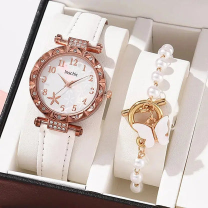 Cheky - Female New Luxury Ladies Watch Bracelet Set Quartz Wristwatch 2 PCS Set Women Watch Clock Gift Leather Strap Reloj Mujer