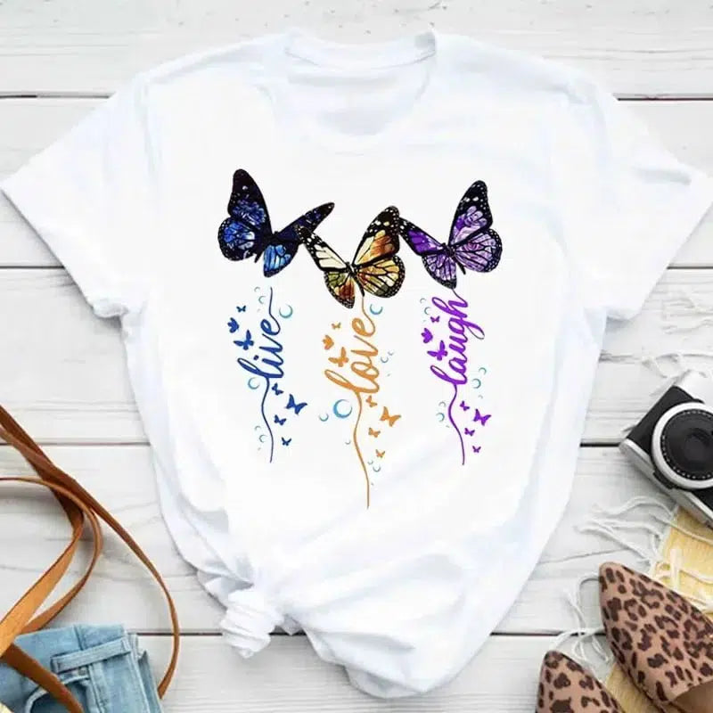 Cheky - New Fashion Women T-shirt Colorful Butterfly Petal Print Short Sleeve and Round Neck Cute Graphic Tee Shirts Female Tops Clothin