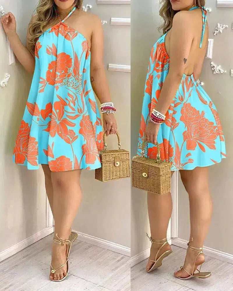 Cheky - Tropical Print Halter Neck Dress, Vacation Style Backless Dress For Spring & Summer, Women's Clothing