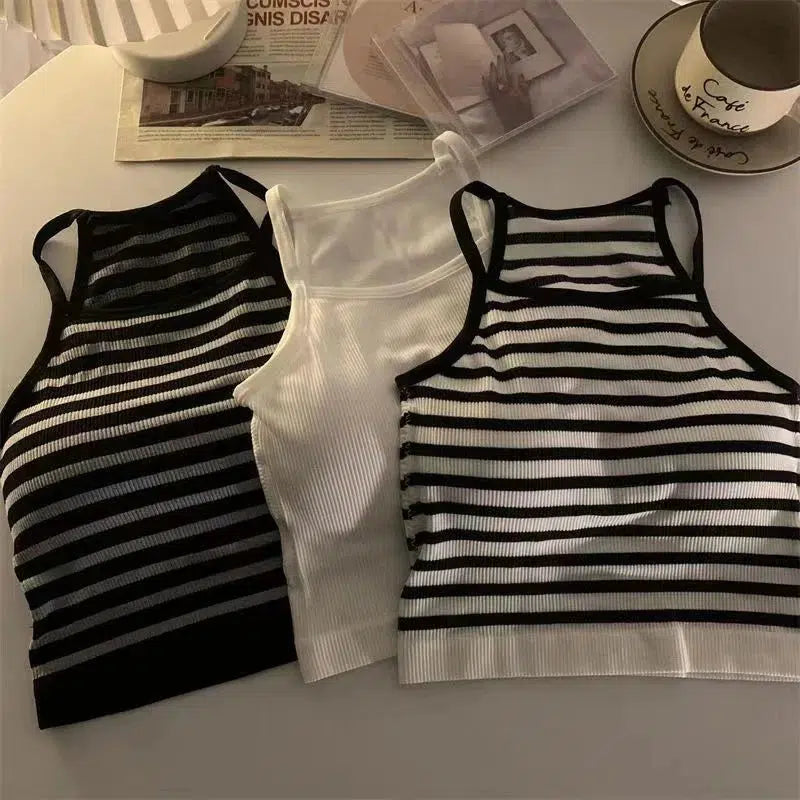 Cheky - Korean Version Women Tank Tops Thread Solid Casual Fashion Crop Top with Chest Pad Stripe Sleeveless Outer Wear Basic Camisole