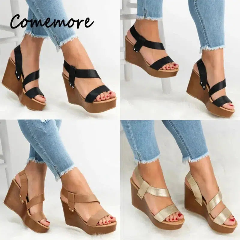 Cheky - Comemore Women Sandals Wedge Summer Platform Sandals Causal Slip on Concise Fashion Wedges Heels Solid Open Toe Lady Shoes