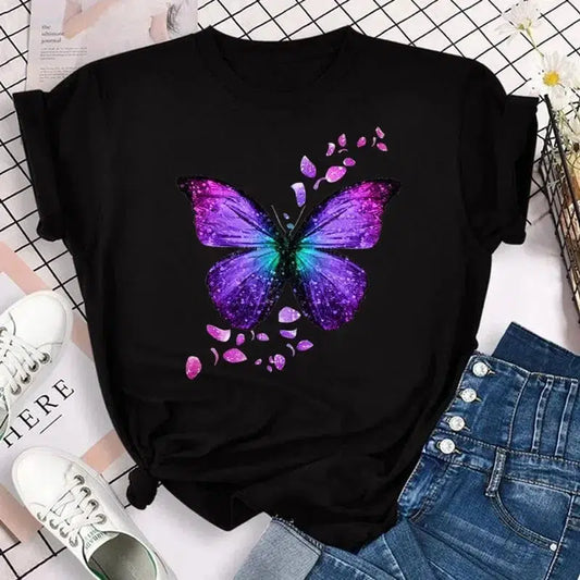 Cheky - New Fashion Women T-shirt Colorful Butterfly Petal Print Short Sleeve and Round Neck Cute Graphic Tee Shirts Female Tops Clothin