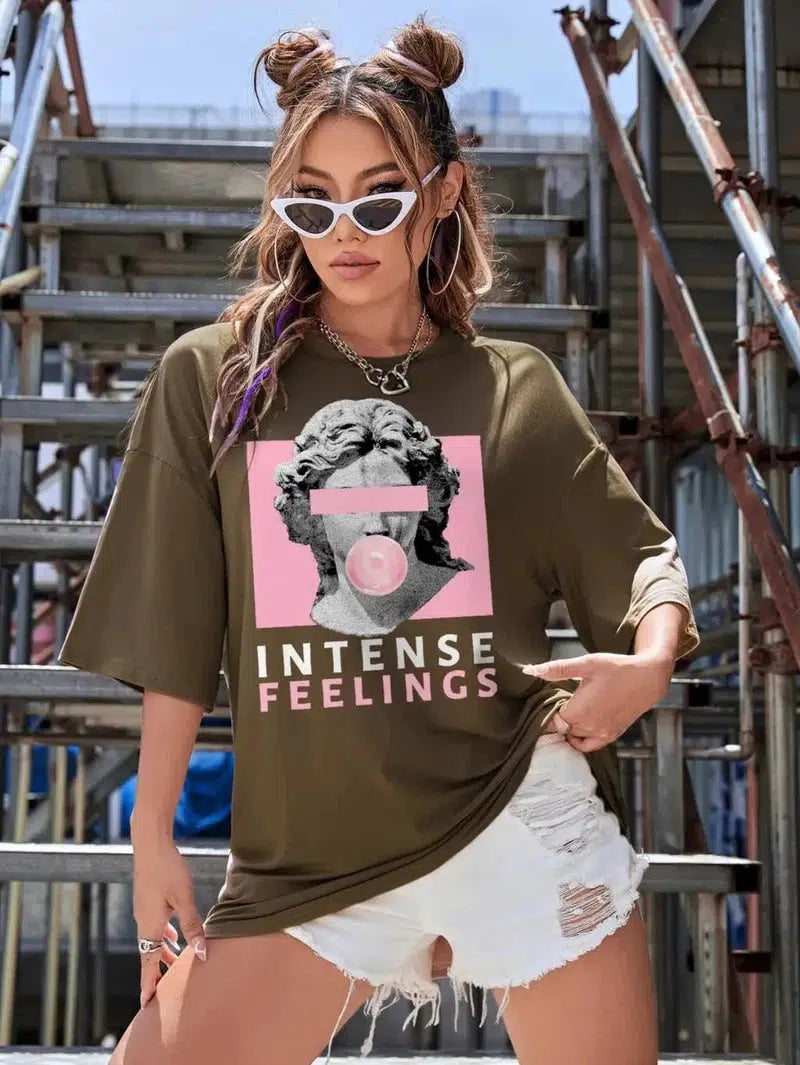 Cheky - INTENSE FEELINGS Street Hip Hop Female T-Shirts Loose Oversize Short Sleeve Soft Cotton Soft Tops Summer Breathable Tee Clothing