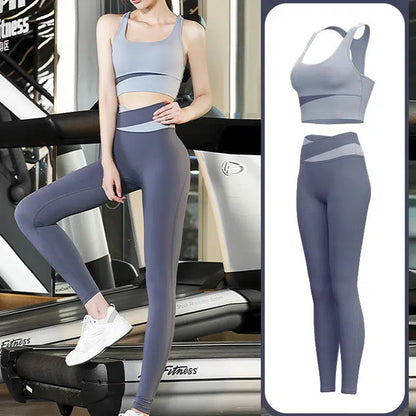 Cheky - High Waist Yoga Set Lady Gym Suit Sport Set Shockproof Sport Bra Crop Top Patchwork Tracksuit Women Fitness Outfit Training Wear