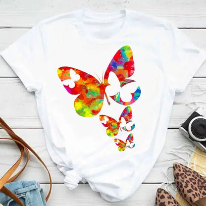 Cheky - New Fashion Women T-shirt Colorful Butterfly Petal Print Short Sleeve and Round Neck Cute Graphic Tee Shirts Female Tops Clothin