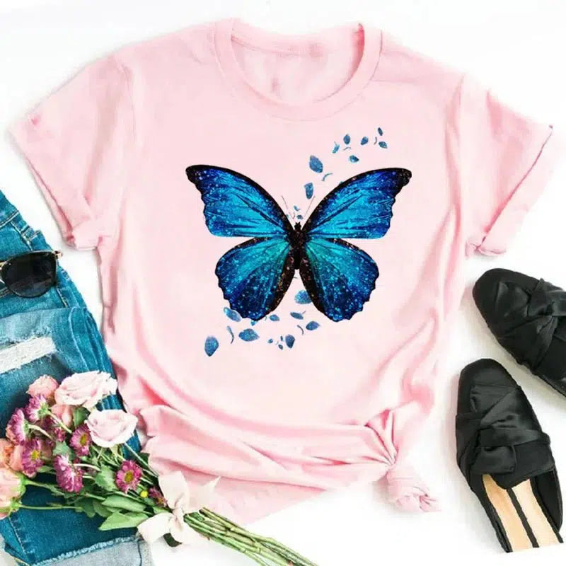 Cheky - New Fashion Women T-shirt Colorful Butterfly Petal Print Short Sleeve and Round Neck Cute Graphic Tee Shirts Female Tops Clothin