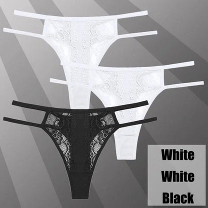 Cheky - 3Pcs/Set Sexy Lace Hollow Out Thongs Women Panties Low Waist Transparent G-String Underwear Female Breathable Intimates Lingerie