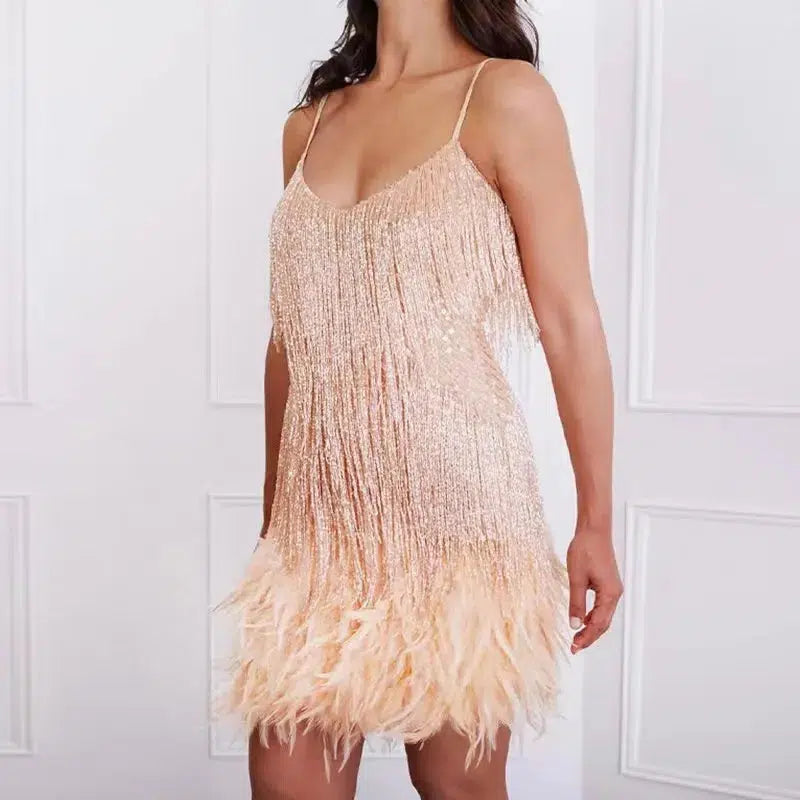 Cheky - New Sexy Tassel Sequins Feather Mini Dress Women Spaghetti Strap Stitching Dresses Female Elegant Evening Party Club Dress