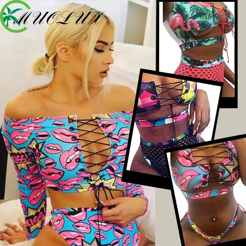 Cheky - Bikinis 2024 Swimwear Push Up Bikini Set Brasileño Long Sleeve Thong Bandage Plus Size Tankini Women Swimsuit Biquini High Waist