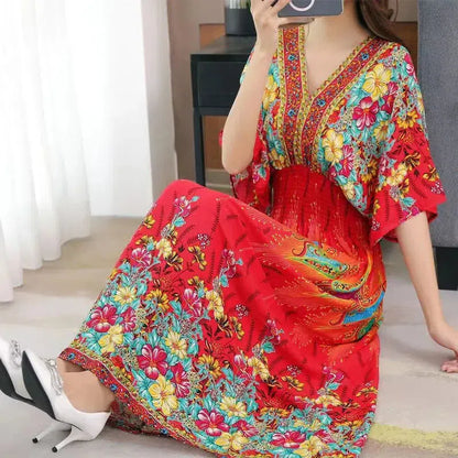 Cheky - Elegant Sweet Bohemian Style V-neck Elastic Waist Loose Large Swing Flower Printed Girls Summer Dress for Woman Skirt