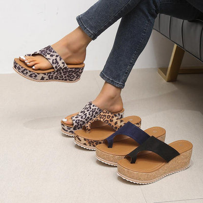 Cheky - Fashion Leopard Print Wedge Slippers For Women New Thick-sole High Heel Flip Flops Shoes Summer Outdoor Slippers