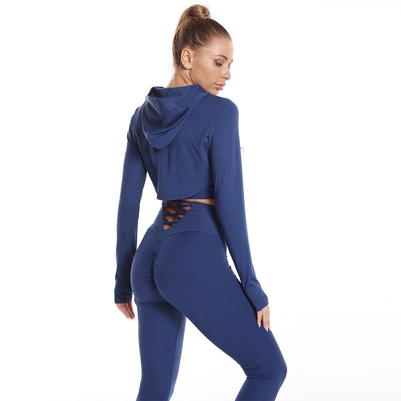 Cheky - 3pcs Sports Suits Long Sleeve Hooded Top Hollow Design Camisole And Butt Lifting High Waist Seamless Fitness Leggings Sports Gym Outfits Clothing