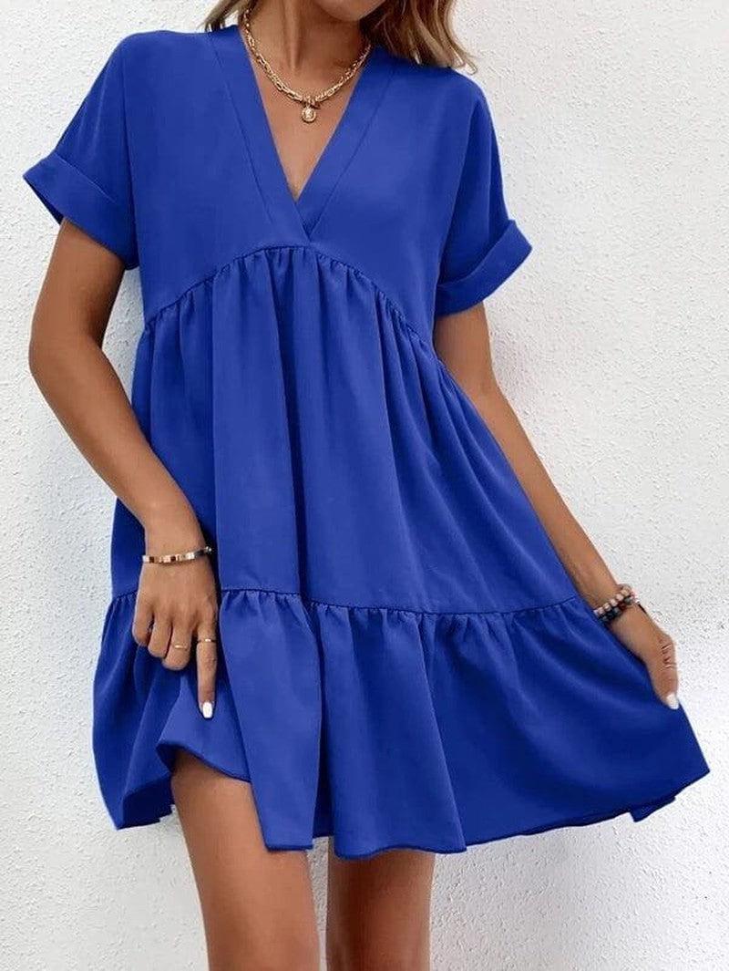 Cheky - New Short-sleeved V-neck Dress Summer Casual Sweet Ruffled Dresses Solid Color Holiday Beach Dress For Womens Clothing