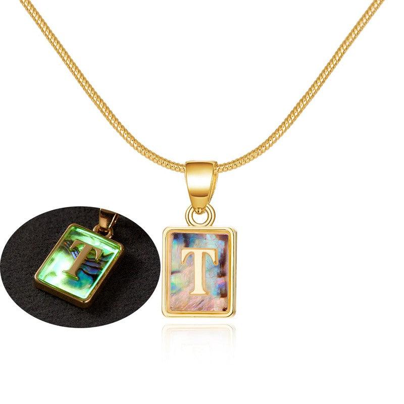 Cheky - 26 Letter Square Necklace Colorful Shell Luminous Pendant Chain Necklace For Women Temperament Ladies Jewelry