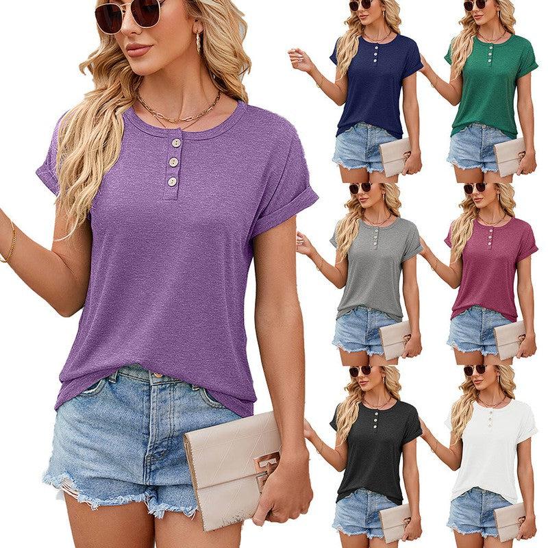 Cheky - Solid Color Round Neck Button Short Sleeve T-Shirt New Summer Loose Top For Womens Clothing